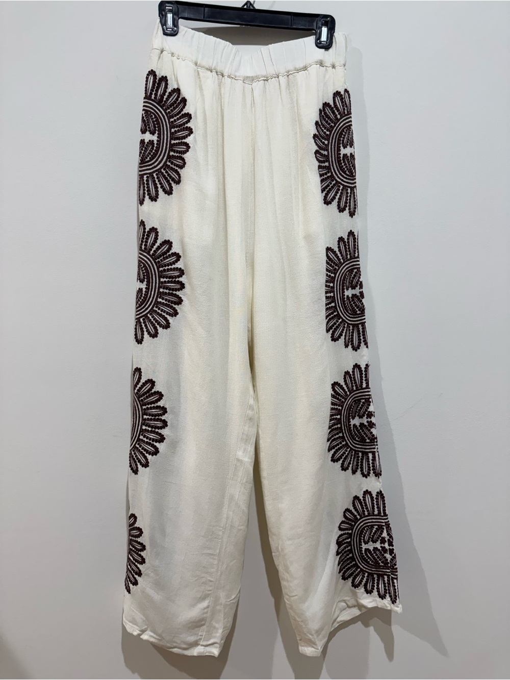 Niza white Wide-Leg Embroidered Pants linen bland Boho Brown Motif Sz M NWT